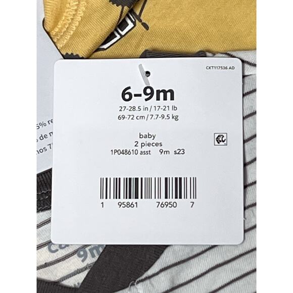 Carter’s Baby 2 Pieces 6-9M White W/Gray Stripes And Yellow W/Trucks - Picture 4 of 5